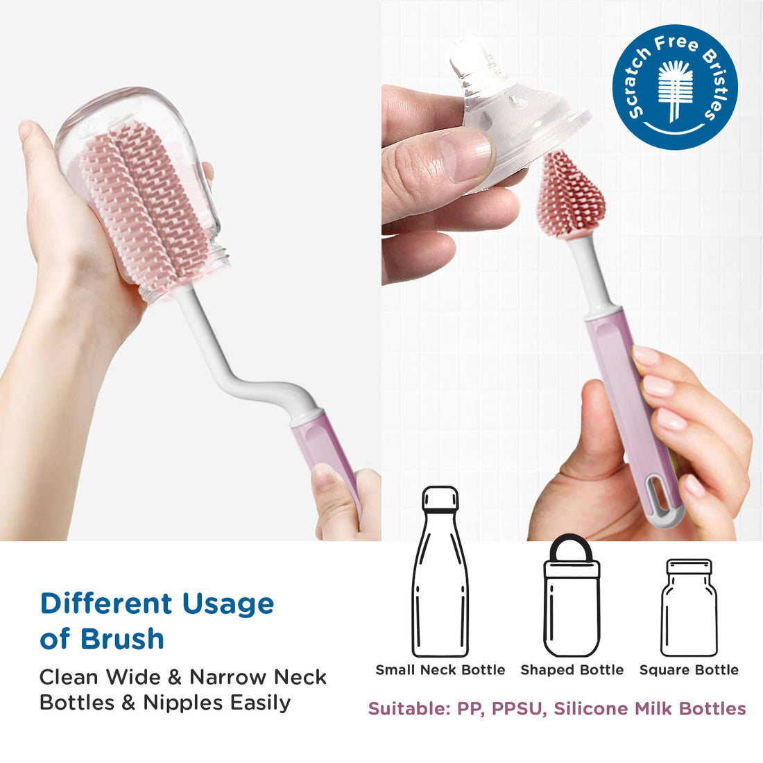 Mee Mee 360° Silicone Bristle Cleaning Brush Set | Included Components: Bottle Brush, Nipple Cleaner | BPA-Free Ergonomic Handle for Narrow & Wide Neck Bottles | Pink