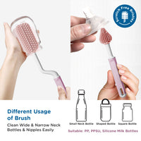 Mee Mee 360° Silicone Bristle Cleaning Brush Set | Included Components: Bottle Brush, Nipple Cleaner | BPA-Free Ergonomic Handle for Narrow & Wide Neck Bottles | Pink