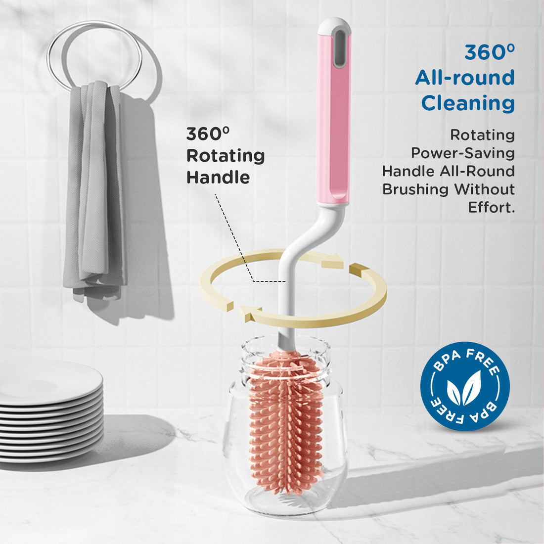 Mee Mee 360° Silicone Bristle Cleaning Brush Set | Included Components: Bottle Brush, Nipple Cleaner | BPA-Free Ergonomic Handle for Narrow & Wide Neck Bottles | Pink