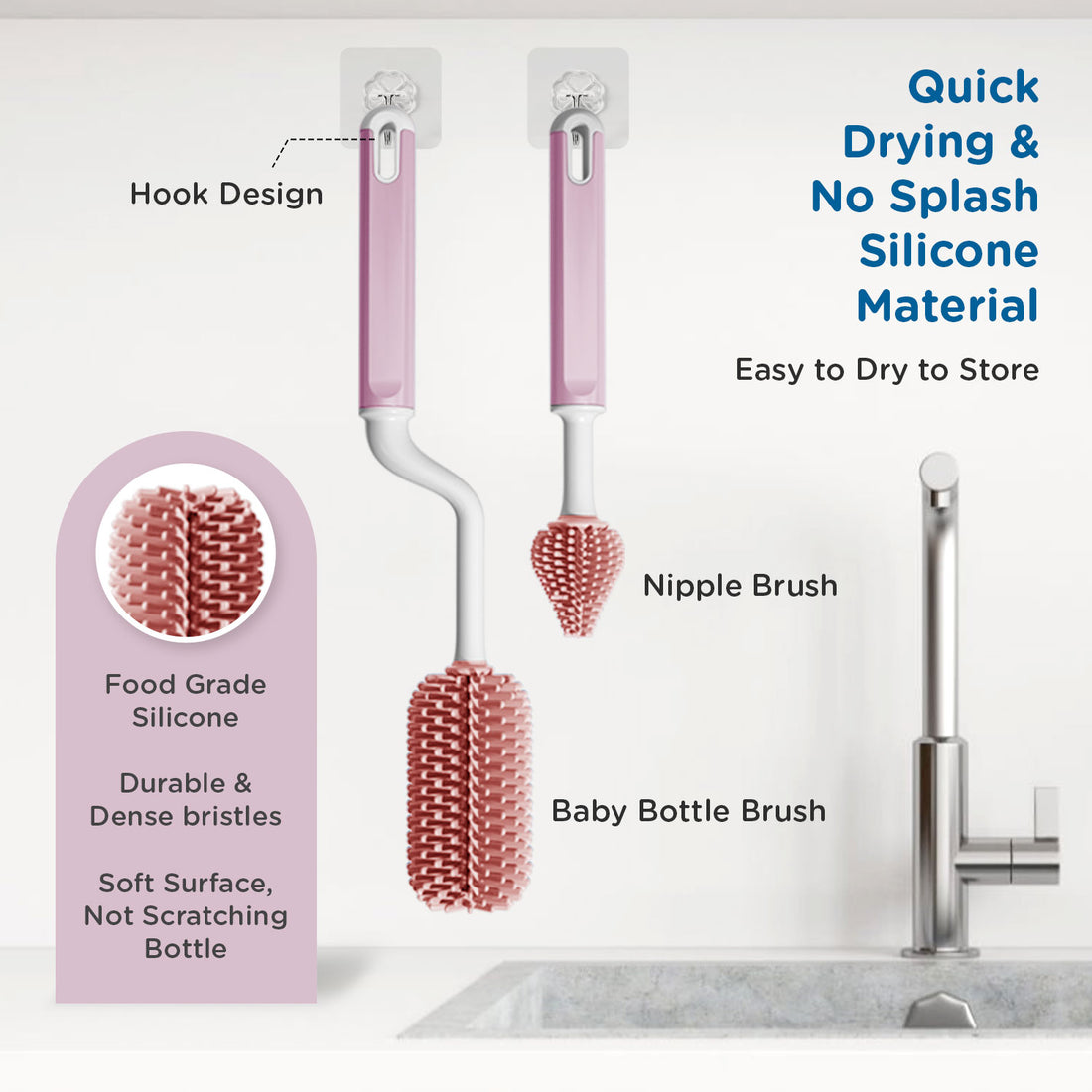 Mee Mee 360° Silicone Bristle Cleaning Brush Set | Included Components: Bottle Brush, Nipple Cleaner | BPA-Free Ergonomic Handle for Narrow & Wide Neck Bottles | Pink