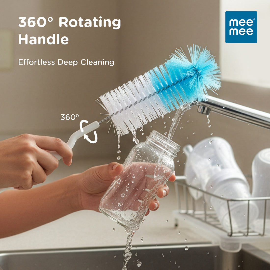 Mee Mee Nylon Bottle Brush with Nipple Cleaner | 360° Rotating Handle | High-Density Soft Bristles | BPA-Free Scratch-Free Cleaning Tool | Non-Toxic, Easy Grip, Dishwasher Safe (Dark Blue)