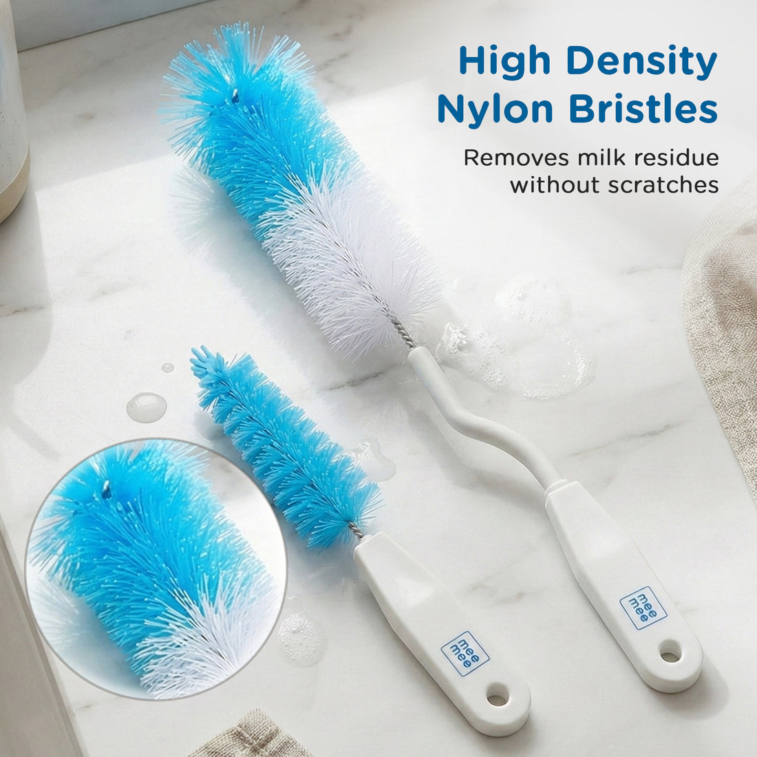 Mee Mee Nylon Bottle Brush with Nipple Cleaner | 360° Rotating Handle | High-Density Soft Bristles | BPA-Free Scratch-Free Cleaning Tool | Non-Toxic, Easy Grip, Dishwasher Safe (Dark Blue)