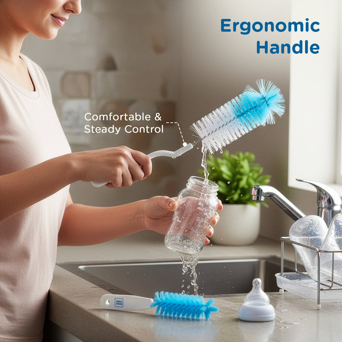 Mee Mee Nylon Bottle Brush with Nipple Cleaner | 360° Rotating Handle | High-Density Soft Bristles | BPA-Free Scratch-Free Cleaning Tool | Non-Toxic, Easy Grip, Dishwasher Safe (Dark Blue)