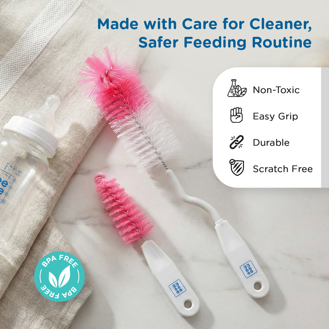 Mee Mee Nylon Bottle Brush with Nipple Cleaner | 360° Rotating Handle | High-Density Soft Bristles | BPA Free | Scratch-Free Cleaning | Non-Toxic | Easy Grip | Dishwasher Safe