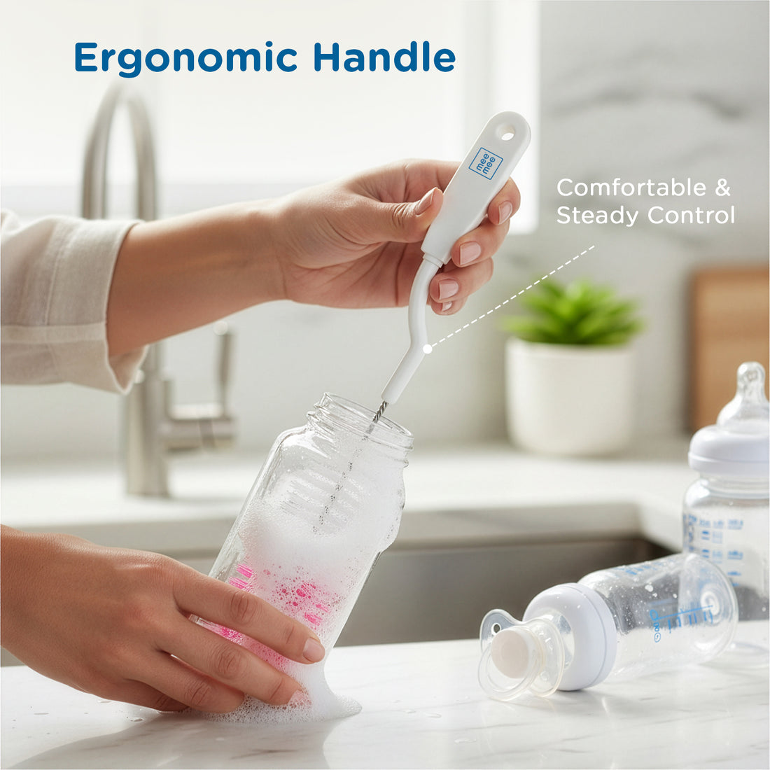 Mee Mee Nylon Bottle Brush with Nipple Cleaner | 360° Rotating Handle | High-Density Soft Bristles | BPA Free | Scratch-Free Cleaning | Non-Toxic | Easy Grip | Dishwasher Safe