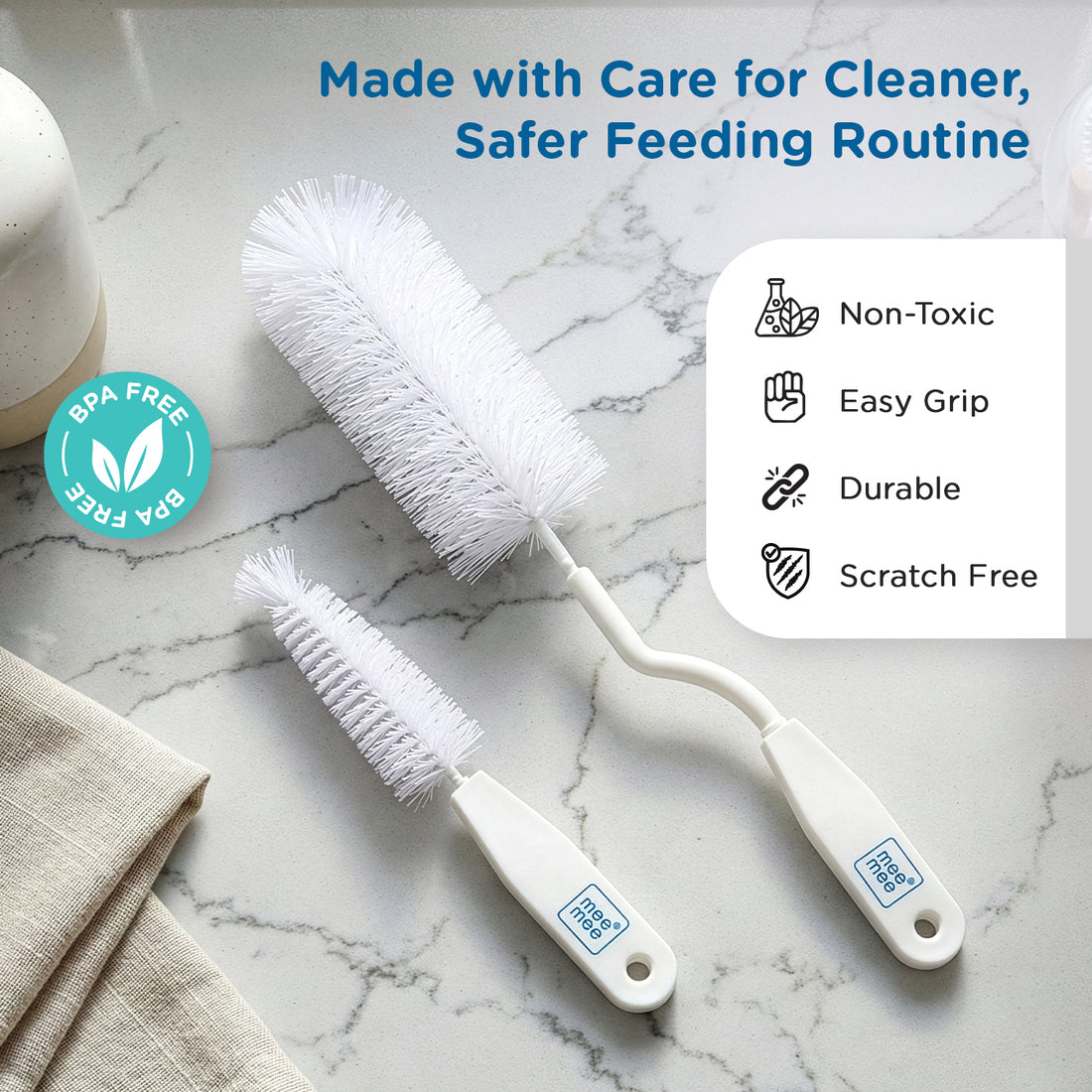 Mee Mee Nylon Bottle Brush with Nipple Cleaner | 360° Rotating Handle | High-Density Soft Bristles | BPA Free | Scratch-Free Cleaning | Non-Toxic | Easy Grip | Dishwasher Safe (White)