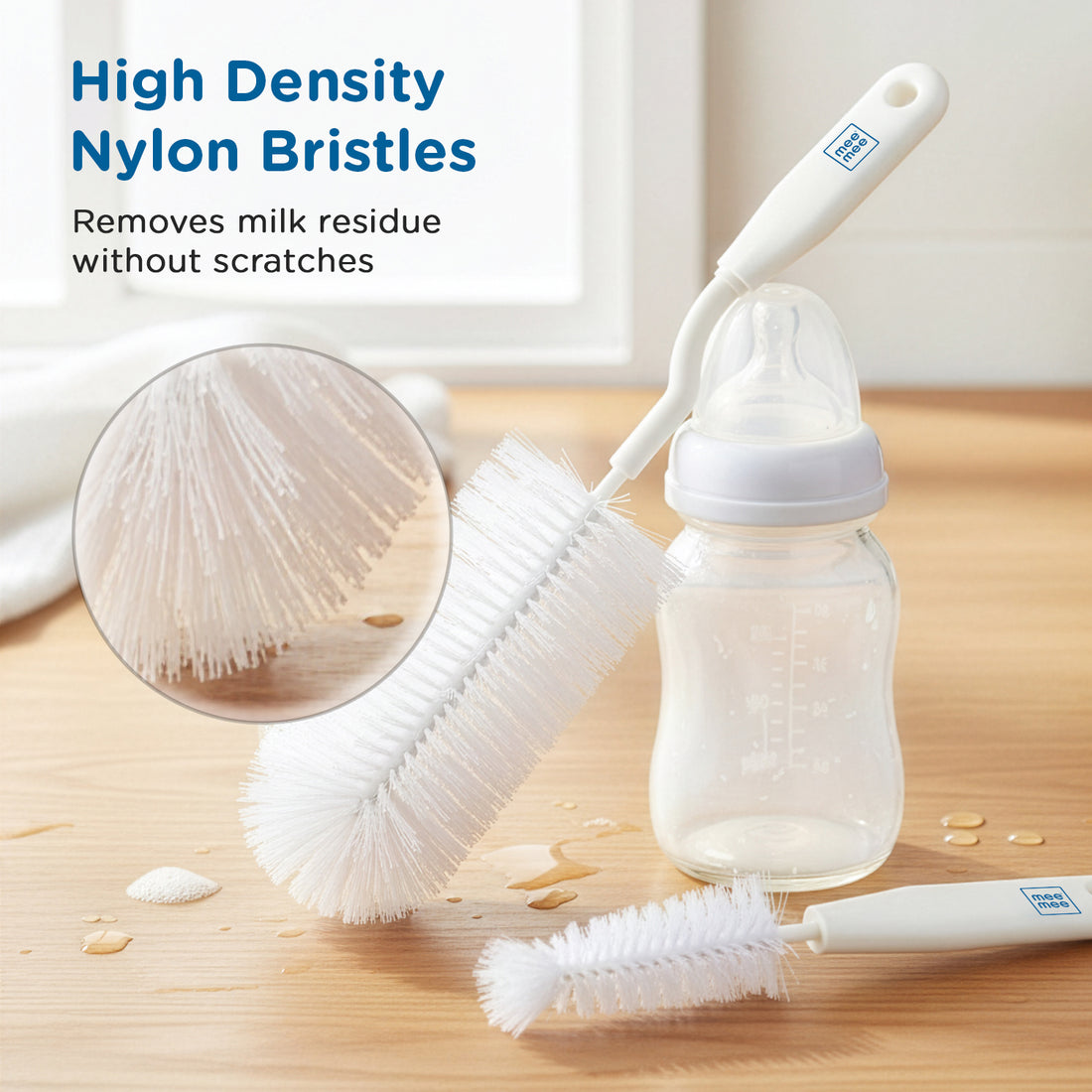 Mee Mee Nylon Bottle Brush with Nipple Cleaner | 360° Rotating Handle | High-Density Soft Bristles | BPA Free | Scratch-Free Cleaning | Non-Toxic | Easy Grip | Dishwasher Safe (White)