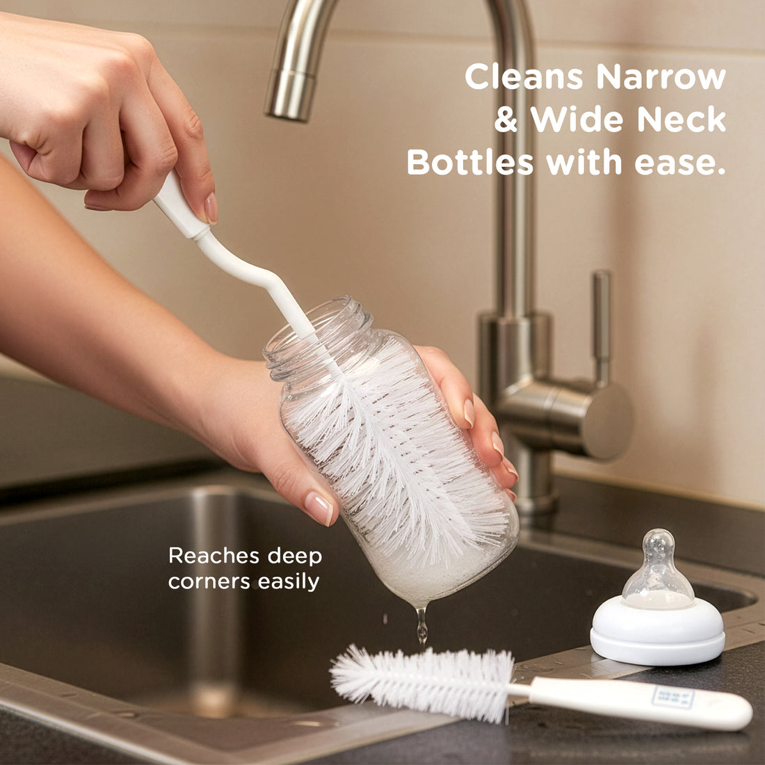 Mee Mee Nylon Bottle Brush with Nipple Cleaner | 360° Rotating Handle | High-Density Soft Bristles | BPA Free | Scratch-Free Cleaning | Non-Toxic | Easy Grip | Dishwasher Safe (White)