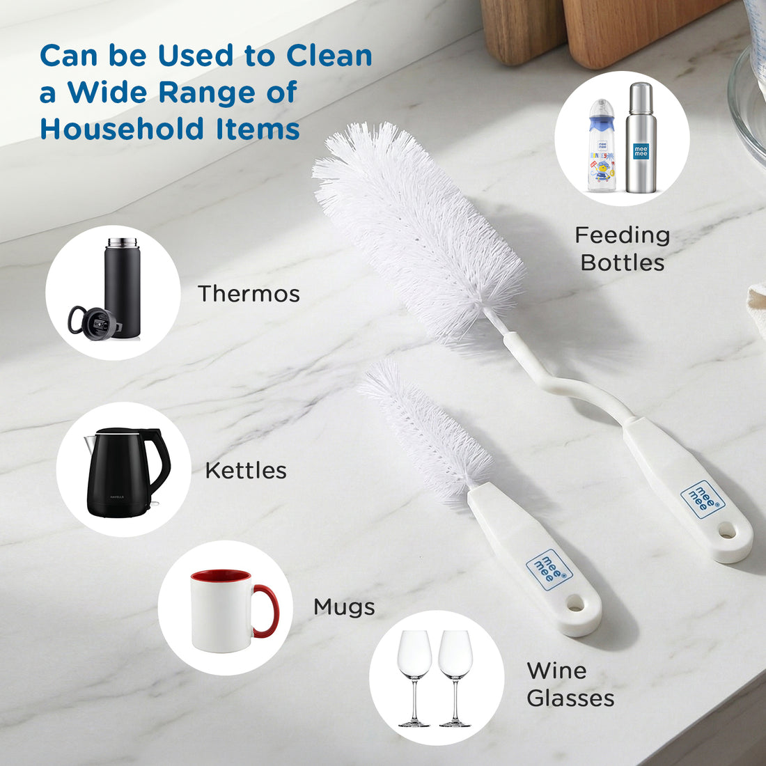 Mee Mee Nylon Bottle Brush with Nipple Cleaner | 360° Rotating Handle | High-Density Soft Bristles | BPA Free | Scratch-Free Cleaning | Non-Toxic | Easy Grip | Dishwasher Safe (White)
