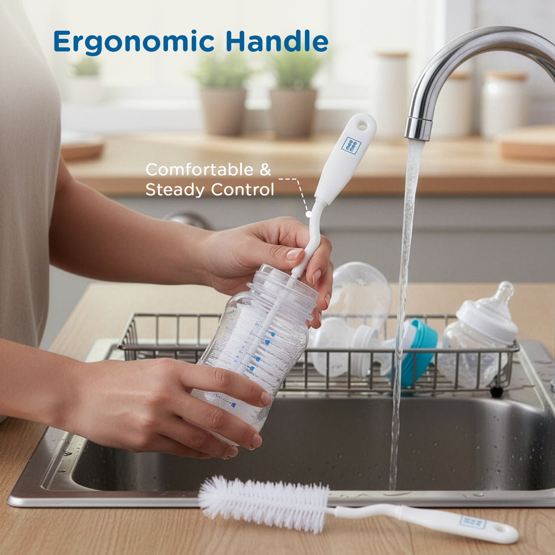 Mee Mee Nylon Bottle Brush with Nipple Cleaner | 360° Rotating Handle | High-Density Soft Bristles | BPA Free | Scratch-Free Cleaning | Non-Toxic | Easy Grip | Dishwasher Safe (White)