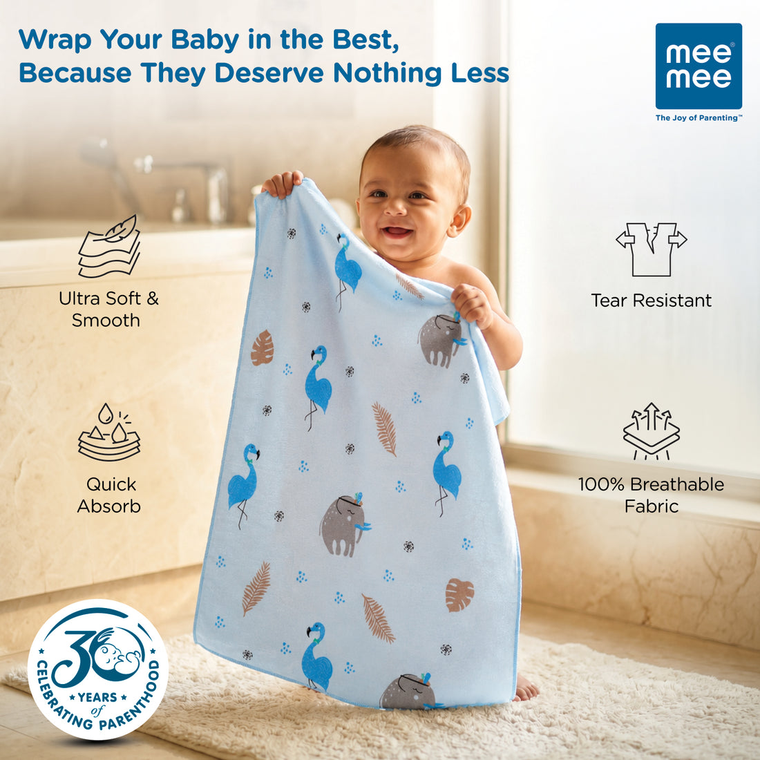 Mee Mee Baby Bath Towel – Microfiber, Ultra Soft & Quick Absorbent | Newborn, Infant & Toddler Towel | Gentle Baby Wash Cloth | 70 x 110 cm | Blue | Pack of 1