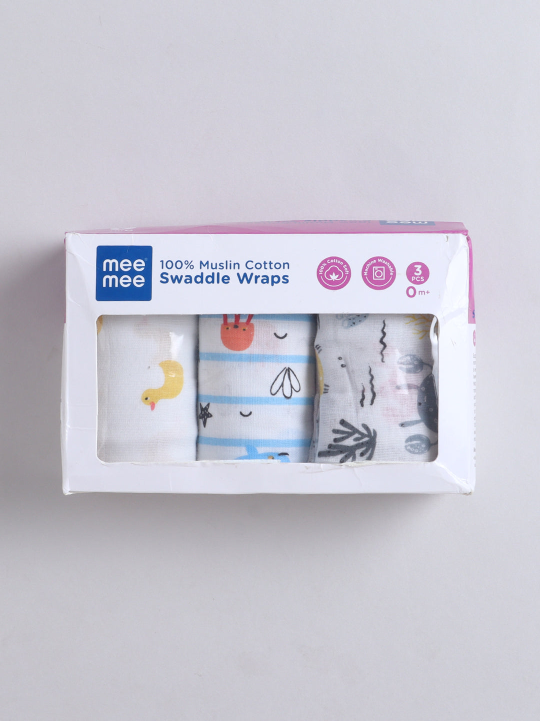 Mee Mee 100% Muslin Cotton Swaddle Wrapper Set (Pack of 3) | Soft, Quick-Drying & Highly Absorbent Baby Blanket Towel | Printed Mulmul Cloth for Newborn Essentials (Multicolour, 120 × 100 cm)