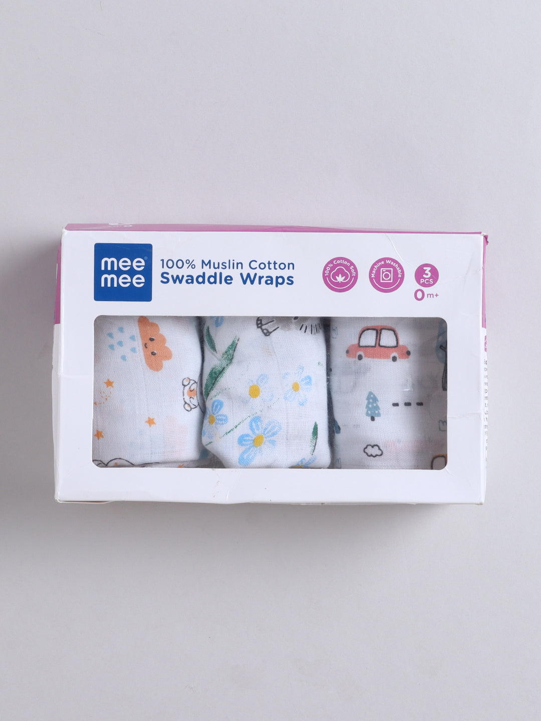 Mee Mee 100% Muslin Cotton Swaddle Wrapper Set (Pack of 3) | Soft, Quick-Drying & Highly Absorbent Baby Blanket Towel | Printed Mulmul Cloth for Newborn Essentials (Multicolour, 120 × 100 cm)
