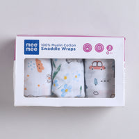 Mee Mee 100% Muslin Cotton Swaddle Wrapper Set (Pack of 3) | Soft, Quick-Drying & Highly Absorbent Baby Blanket Towel | Printed Mulmul Cloth for Newborn Essentials (Multicolour, 120 × 100 cm)