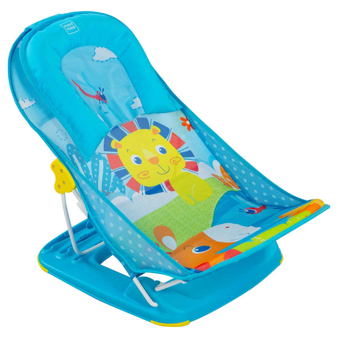 Mee Mee Newborn Baby Bather | Bath Chair for Newborns and Infants 0-12 Months | Foldable | 3 Position Adjustable chair | Anti Skid Base | Washable Soft Mesh Seat | for Babies Upto 5Kg (Blue)