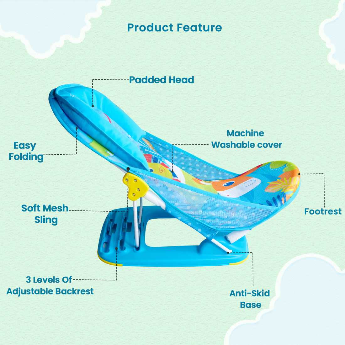 Mee Mee Newborn Baby Bather | Bath Chair for Newborns and Infants 0-12 Months | Foldable | 3 Position Adjustable chair | Anti Skid Base | Washable Soft Mesh Seat | for Babies Upto 5Kg (Blue)