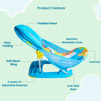 Mee Mee Newborn Baby Bather | Bath Chair for Newborns and Infants 0-12 Months | Foldable | 3 Position Adjustable chair | Anti Skid Base | Washable Soft Mesh Seat | for Babies Upto 5Kg (Blue)