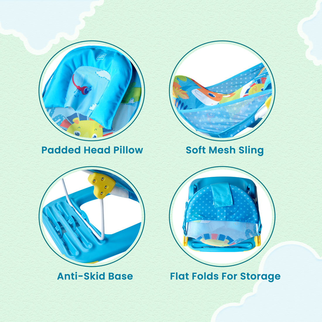 Mee Mee Newborn Baby Bather | Bath Chair for Newborns and Infants 0-12 Months | Foldable | 3 Position Adjustable chair | Anti Skid Base | Washable Soft Mesh Seat | for Babies Upto 5Kg (Blue)