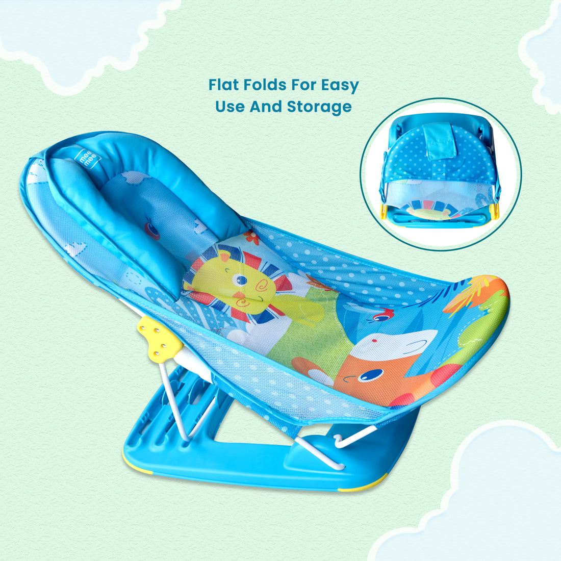 Mee Mee Newborn Baby Bather | Bath Chair for Newborns and Infants 0-12 Months | Foldable | 3 Position Adjustable chair | Anti Skid Base | Washable Soft Mesh Seat | for Babies Upto 5Kg (Blue)