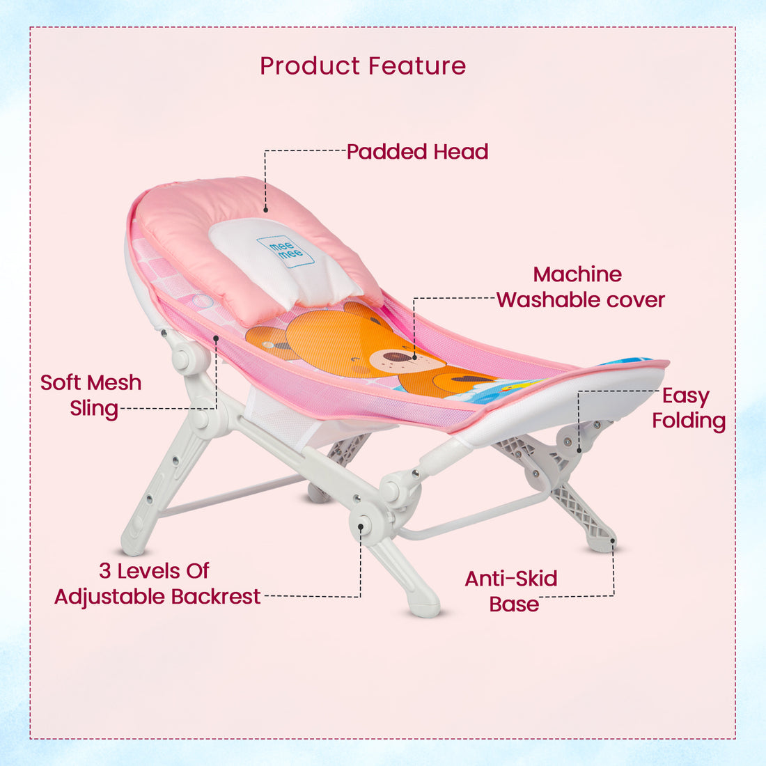 Mee Mee Baby Bath Seat for Newborns and Infants 0-12 Months | Foldable | 3 Position Adjustable Chair | New Born Baby Bath Chair | Anti Skid Base | Washable Soft Mesh Seat