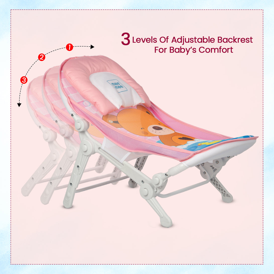 Mee Mee Baby Bath Seat for Newborns and Infants 0-12 Months | Foldable | 3 Position Adjustable Chair | New Born Baby Bath Chair | Anti Skid Base | Washable Soft Mesh Seat