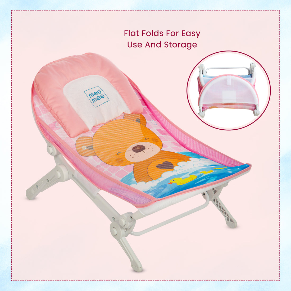 Mee Mee Baby Bath Seat for Newborns and Infants 0-12 Months | Foldable | 3 Position Adjustable Chair | New Born Baby Bath Chair | Anti Skid Base | Washable Soft Mesh Seat