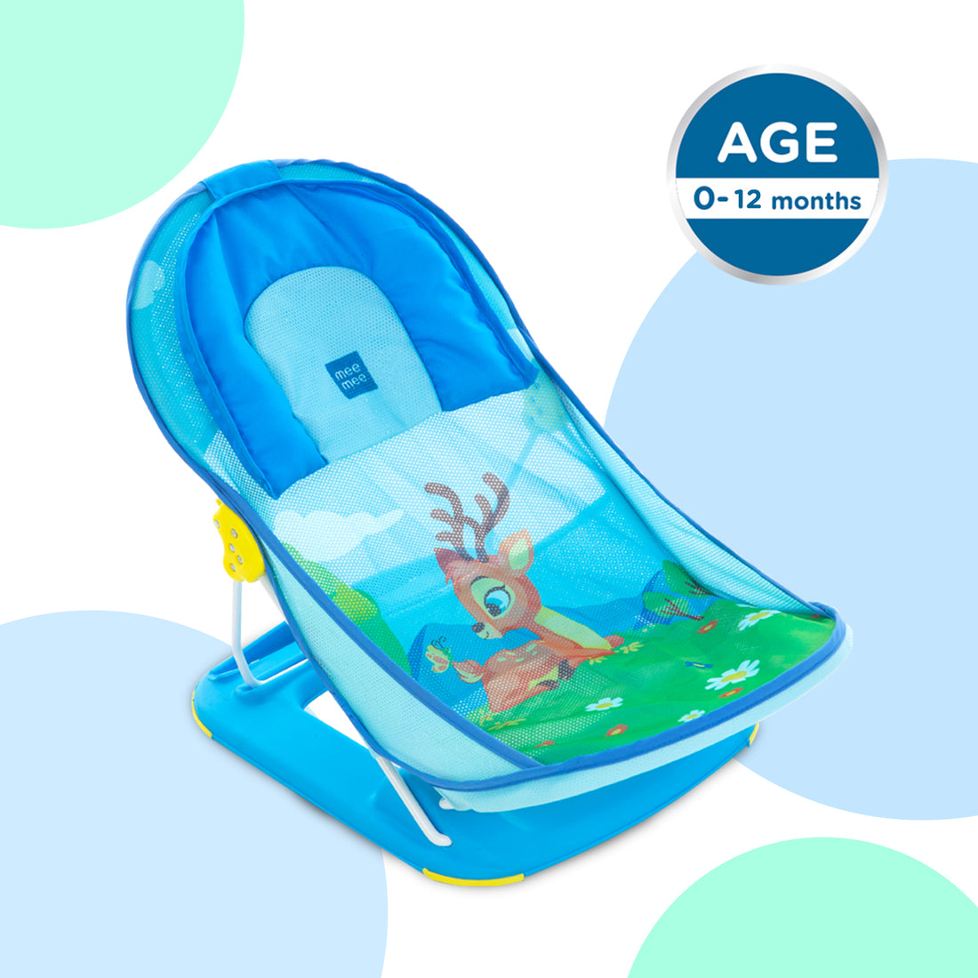 Mee Mee Foldable Baby Bather Bath Chair for 0-12 Months | Anti Skid, Anti Fall Design | 2 Level Adjustable Backrest | Foldable, Easy-to-Clean Soft Mesh Seat | for Babies Upto 5 Kg (Blue)
