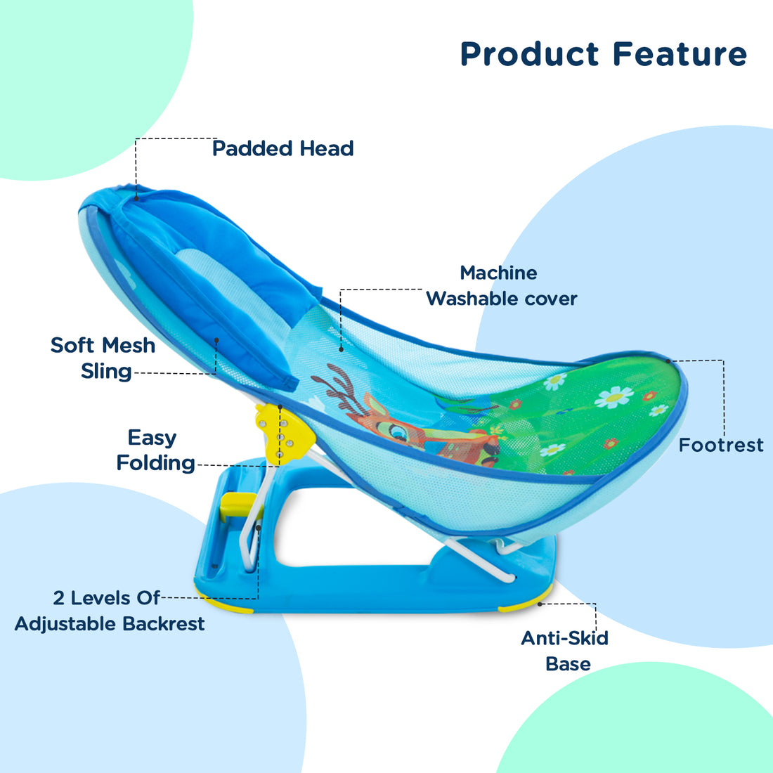 Mee Mee Foldable Baby Bather Bath Chair for 0-12 Months | Anti Skid, Anti Fall Design | 2 Level Adjustable Backrest | Foldable, Easy-to-Clean Soft Mesh Seat | for Babies Upto 5 Kg (Blue)