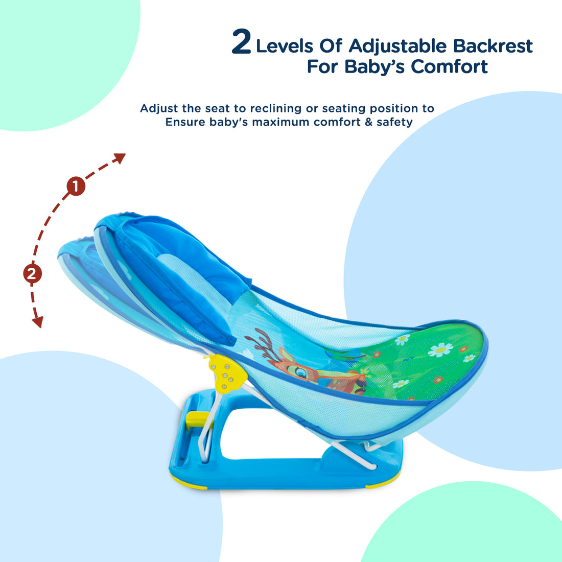 Mee Mee Foldable Baby Bather Bath Chair for 0-12 Months | Anti Skid, Anti Fall Design | 2 Level Adjustable Backrest | Foldable, Easy-to-Clean Soft Mesh Seat | for Babies Upto 5 Kg (Blue)