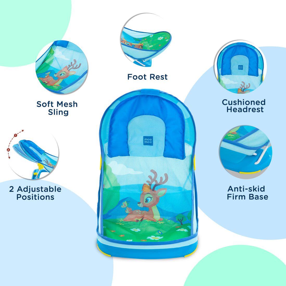 Mee Mee Foldable Baby Bather Bath Chair for 0-12 Months | Anti Skid, Anti Fall Design | 2 Level Adjustable Backrest | Foldable, Easy-to-Clean Soft Mesh Seat | for Babies Upto 5 Kg (Blue)