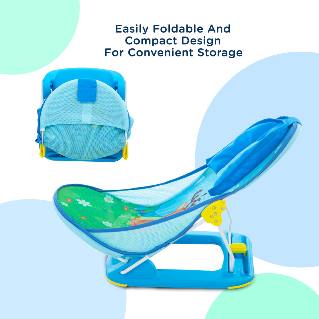 Mee Mee Foldable Baby Bather Bath Chair for 0-12 Months | Anti Skid, Anti Fall Design | 2 Level Adjustable Backrest | Foldable, Easy-to-Clean Soft Mesh Seat | for Babies Upto 5 Kg (Blue)