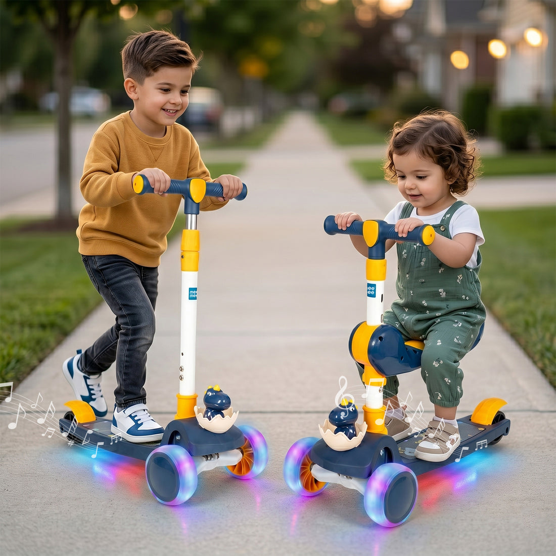 Mee Mee Spark Cruiser Kids Kick Scooter with Seat | Foldable Scooter with PU Flash Wheels, Music & Lights, Adjustable Handle, Rear Brake | 2+ Years, Up to 30kg