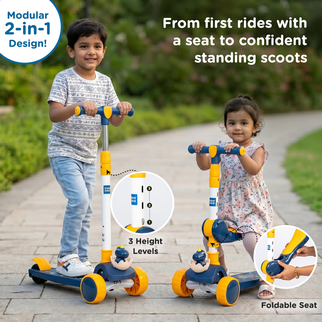 Mee Mee Spark Cruiser Kids Kick Scooter with Seat | Foldable Scooter with PU Flash Wheels, Music & Lights, Adjustable Handle, Rear Brake | 2+ Years, Up to 30kg
