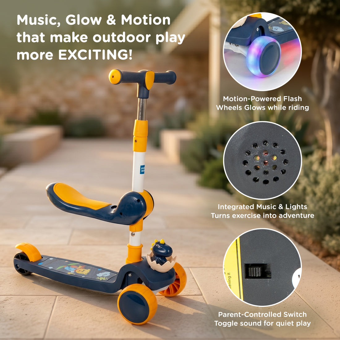 Mee Mee Spark Cruiser Kids Kick Scooter with Seat | Foldable Scooter with PU Flash Wheels, Music & Lights, Adjustable Handle, Rear Brake | 2+ Years, Up to 30kg