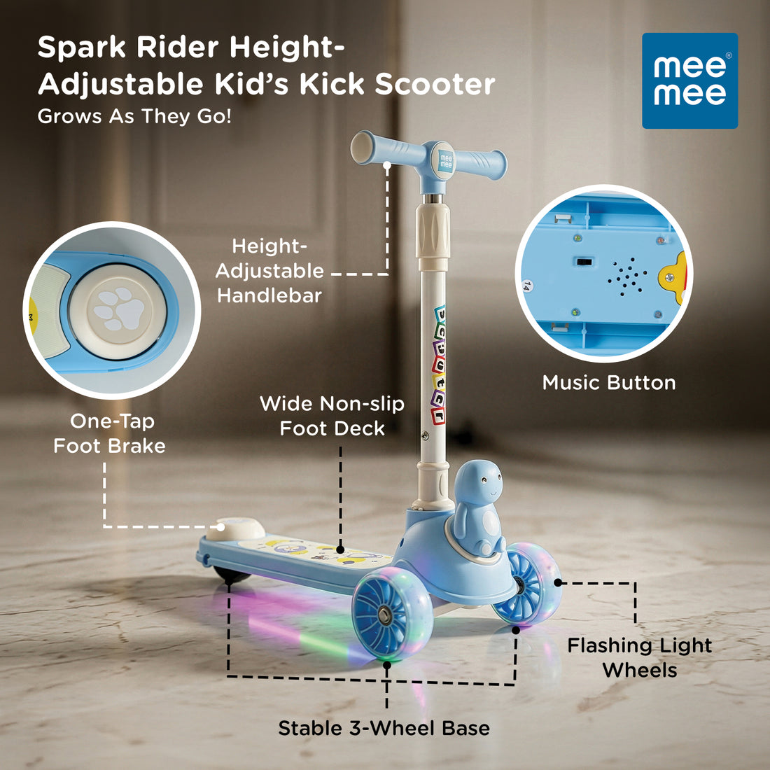 Mee Mee Spark Rider Kids Kick Scooter with Seat | Foldable Toddler Scooter with PU Flash Wheels, Music & Lights, Adjustable Handle, Rear Foot Brake | 2+ Years, Up to 30 kg