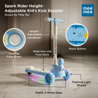 Mee Mee Spark Rider Kids Kick Scooter with Seat | Foldable Toddler Scooter with PU Flash Wheels, Music & Lights, Adjustable Handle, Rear Foot Brake | 2+ Years, Up to 30 kg
