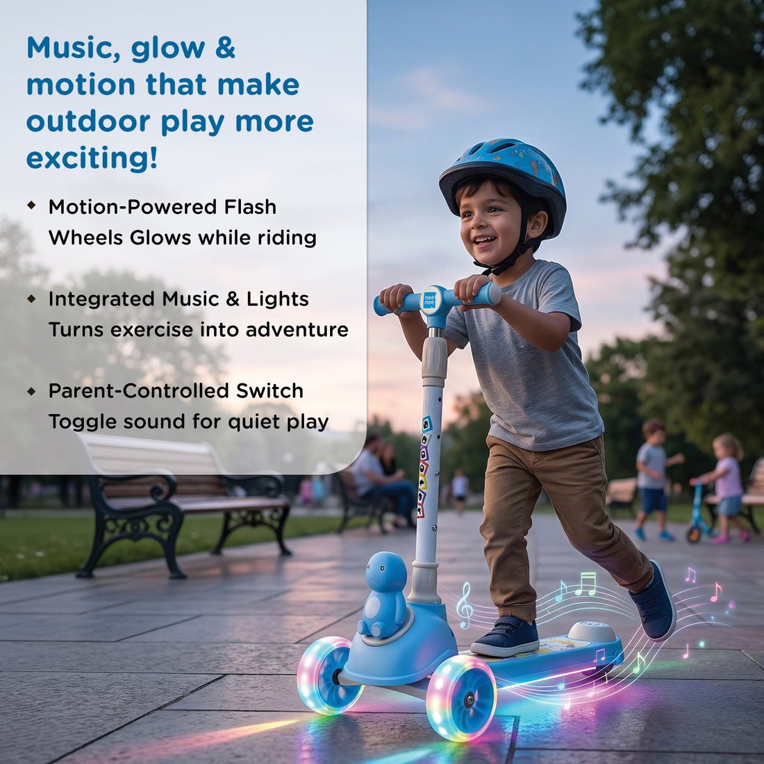 Mee Mee Spark Rider Kids Kick Scooter with Seat | Foldable Toddler Scooter with PU Flash Wheels, Music & Lights, Adjustable Handle, Rear Foot Brake | 2+ Years, Up to 30 kg