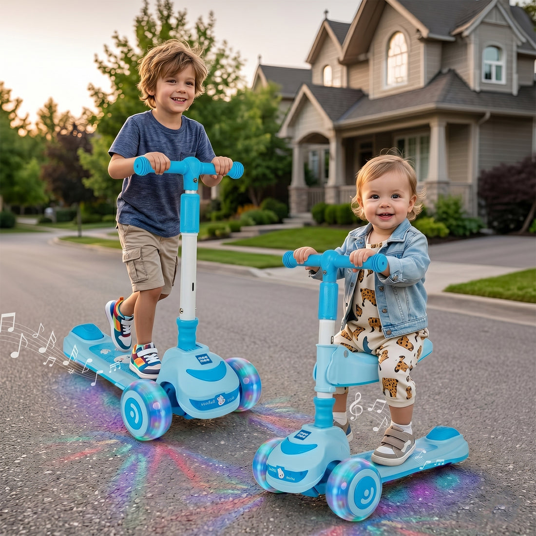 Mee Mee Spark Zoom Kids Kick Scooter with Seat | Foldable Toddler Scooter with PU Flash Wheels, Built-in Music & Lights, Adjustable Height Handle, Rear Foot Brake | Kids Scooter (2+ Years, Up to 30kg)