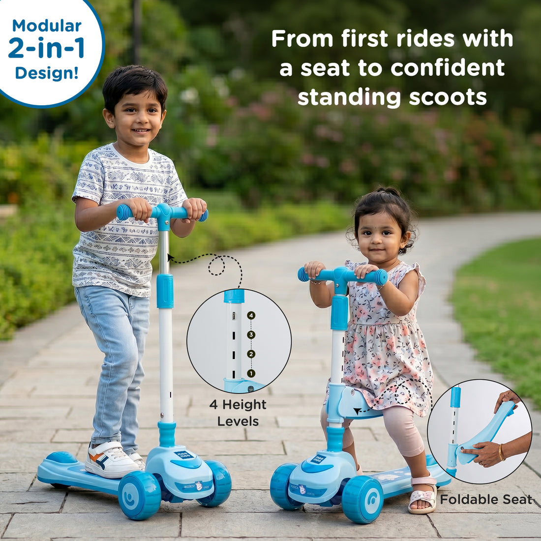 Mee Mee Spark Zoom Kids Kick Scooter with Seat | Foldable Toddler Scooter with PU Flash Wheels, Built-in Music & Lights, Adjustable Height Handle, Rear Foot Brake | Kids Scooter (2+ Years, Up to 30kg)