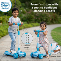 Mee Mee Spark Zoom Kids Kick Scooter with Seat | Foldable Toddler Scooter with PU Flash Wheels, Built-in Music & Lights, Adjustable Height Handle, Rear Foot Brake | Kids Scooter (2+ Years, Up to 30kg)