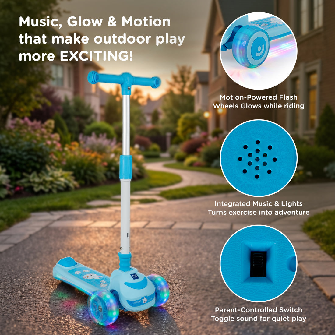 Mee Mee Spark Zoom Kids Kick Scooter with Seat | Foldable Toddler Scooter with PU Flash Wheels, Built-in Music & Lights, Adjustable Height Handle, Rear Foot Brake | Kids Scooter (2+ Years, Up to 30kg)