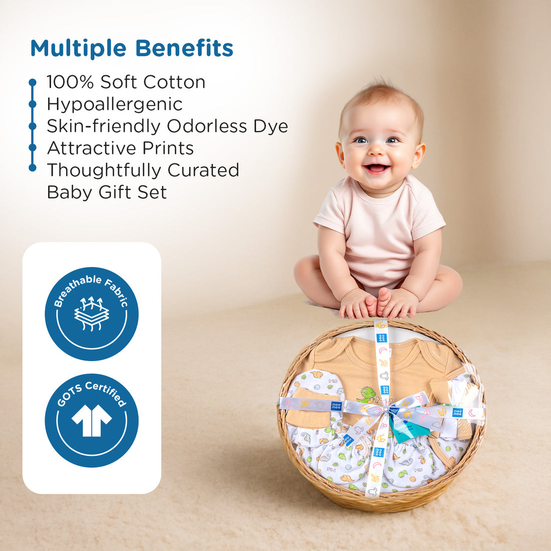 Mee Mee New Born Basket Baby Gift Set | Soft Cotton Clothing Essentials for Infants/Baby Girls, Boys | Baby Shower Clothing Hamper | 8 Pieces