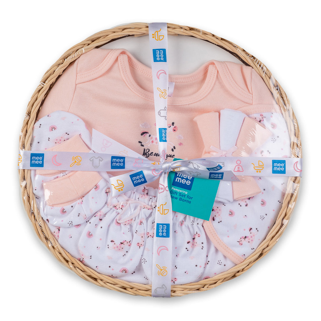 Mee Mee New Born Basket Baby Gift Set | Soft Cotton Clothing Essentials for Infants/Baby Girls, Boys | Baby Shower Clothing Hamper | 8 Pieces