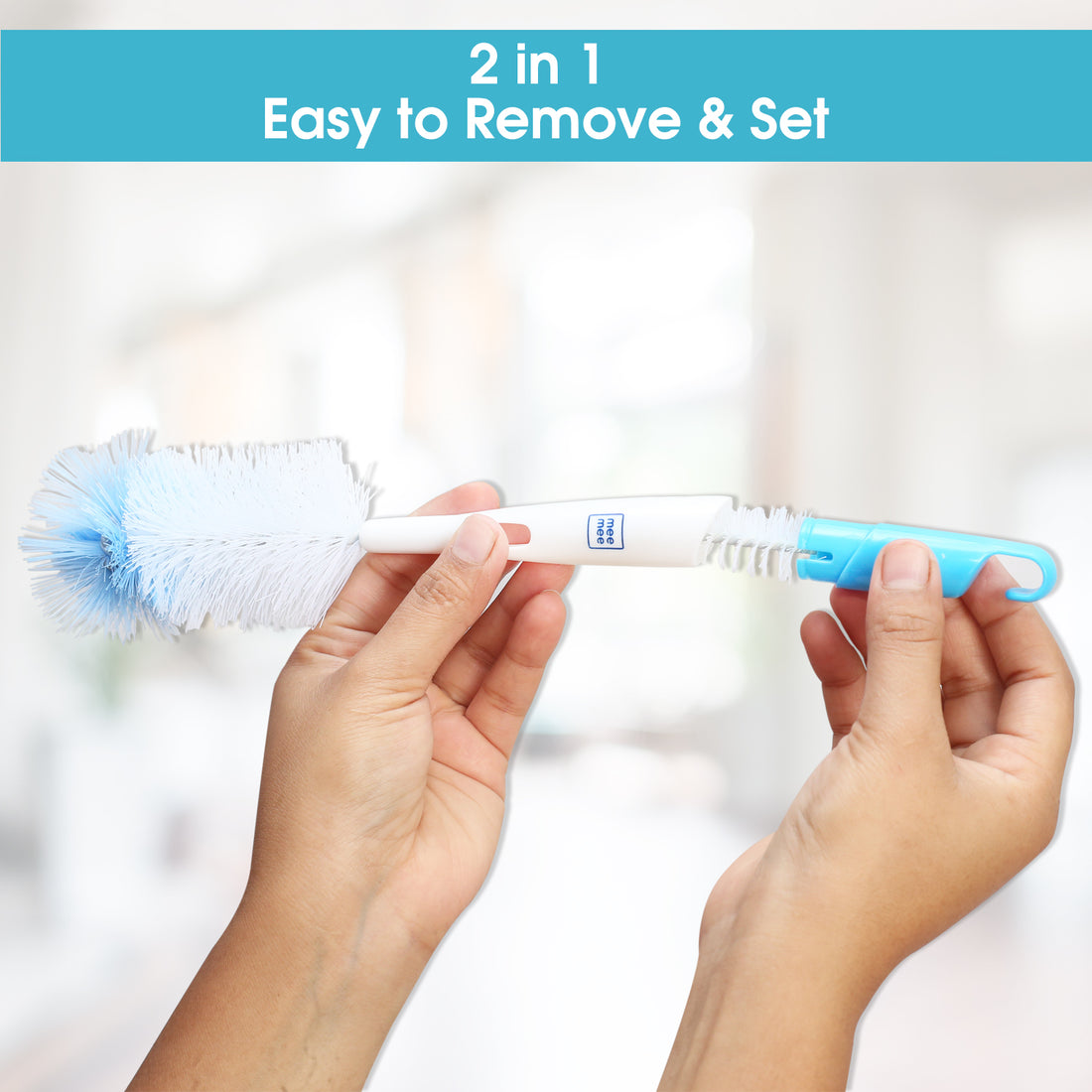 Mee Mee 360° Movable Silicone Feeding Brush with Ergonomic Handle, BPA-Free Flexible bristles for Narrow & Wide Bottles and Nipples, deep Corner Cleaning, Easy Hanging Storage (Dark Blue)