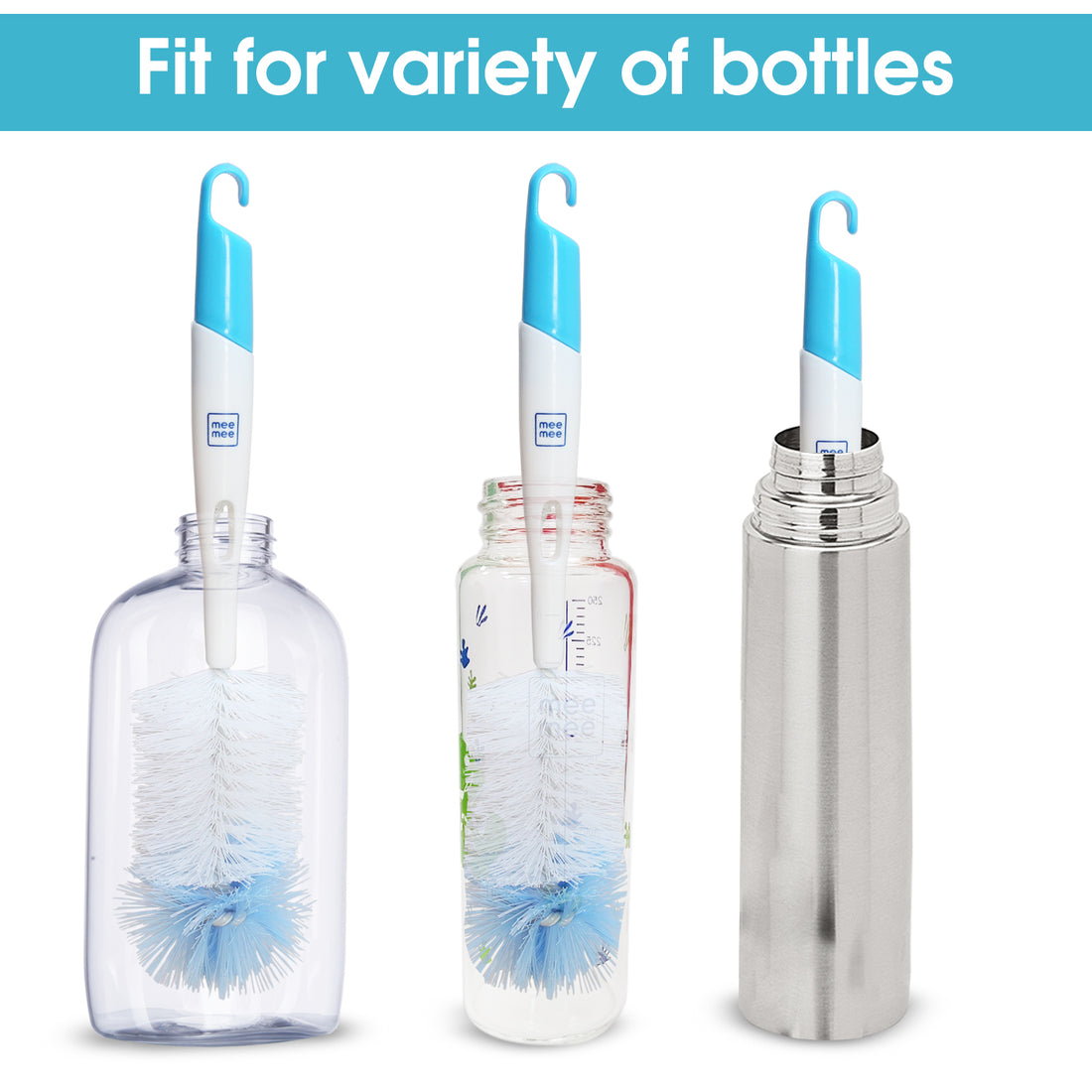 Mee Mee 360° Movable Silicone Feeding Brush with Ergonomic Handle, BPA-Free Flexible bristles for Narrow & Wide Bottles and Nipples, deep Corner Cleaning, Easy Hanging Storage (Dark Blue)