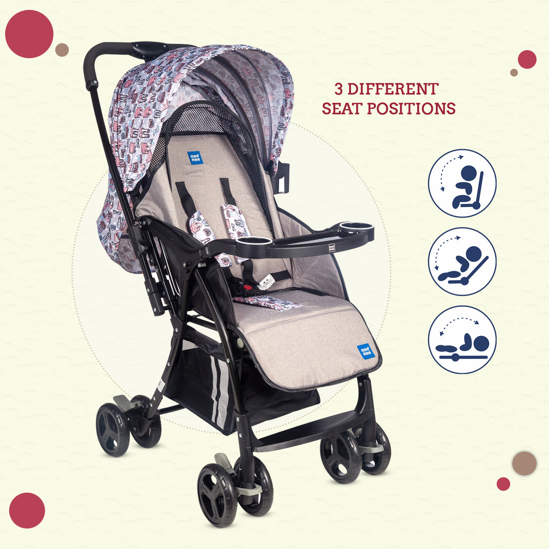 Mee Mee Baby Pram Stroller Easy to Push Quick One-Hand Folding,for 0-3 Years Baby/Kids3 Recline Position Stroller (Grey-Black)