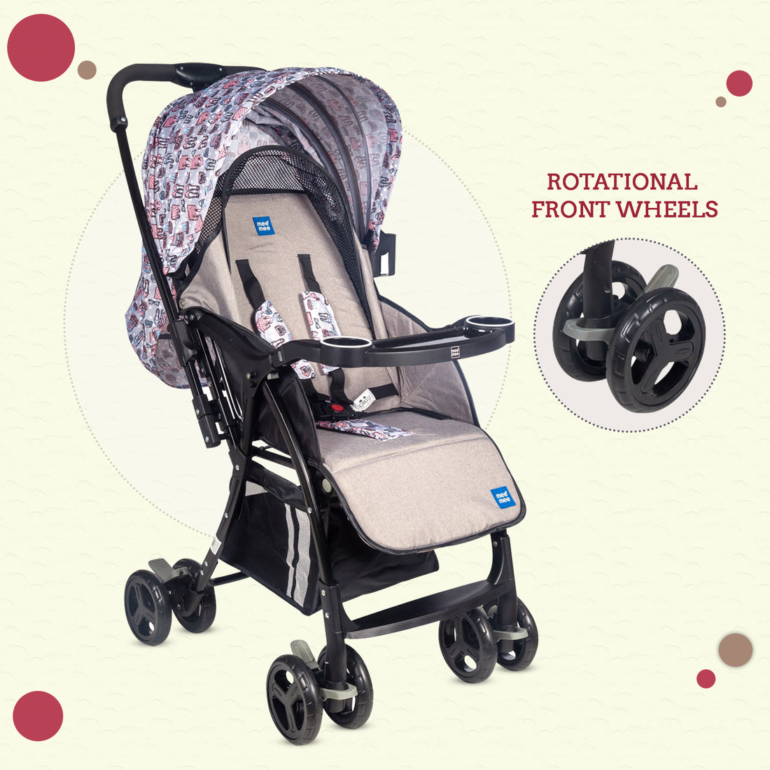 Mee Mee Baby Pram Stroller Easy to Push Quick One-Hand Folding,for 0-3 Years Baby/Kids3 Recline Position Stroller (Grey-Black)