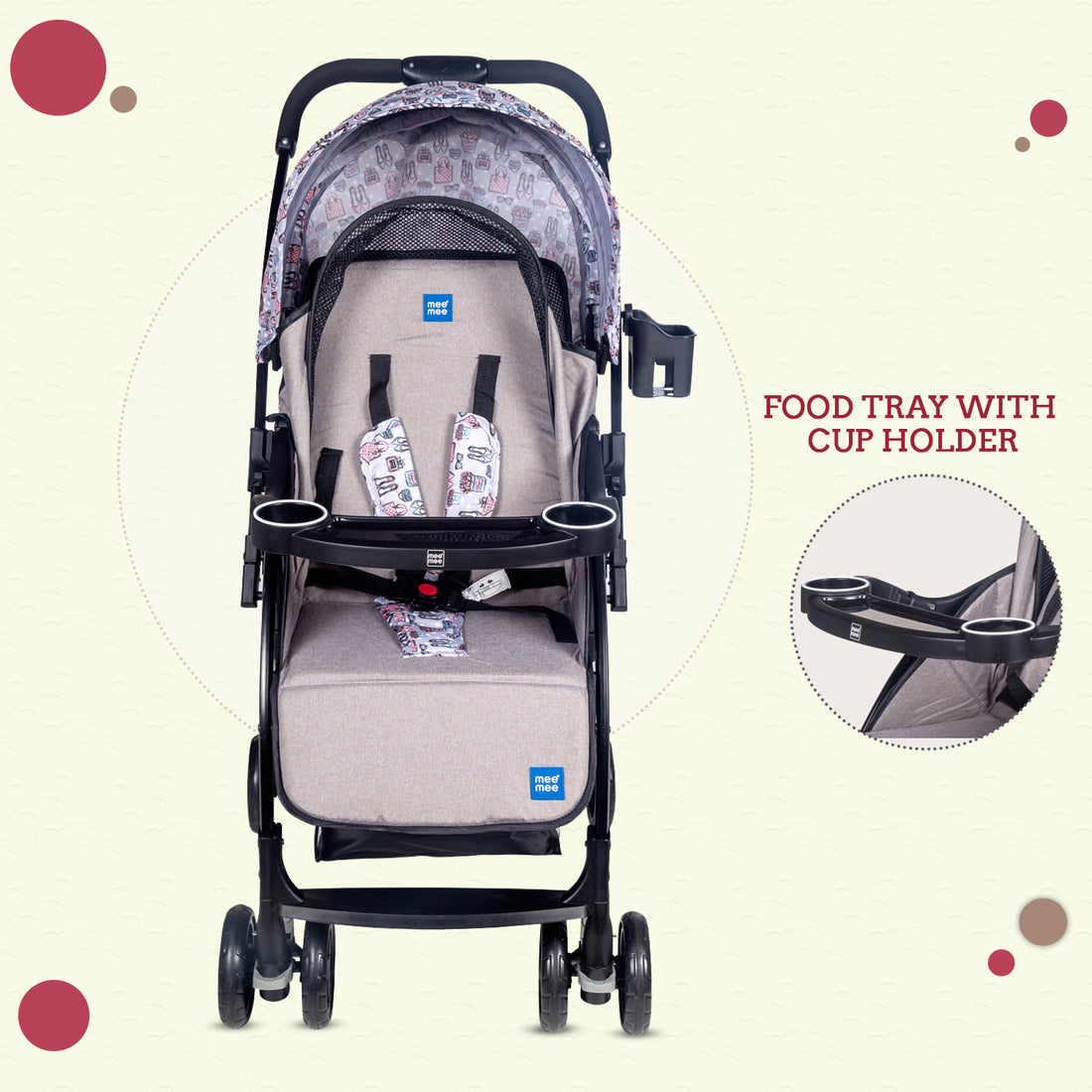 Mee Mee Baby Pram Stroller Easy to Push Quick One-Hand Folding,for 0-3 Years Baby/Kids3 Recline Position Stroller (Grey-Black)