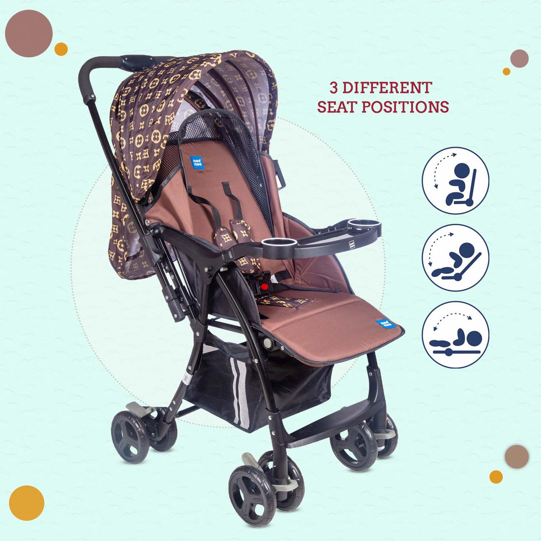 Mee Mee Baby Pram Baby Stroller Easy to Push,Locking Wheels,One Hand Folding,for 0 to 3 Years Baby3 Recline Position Stroller (Brown)