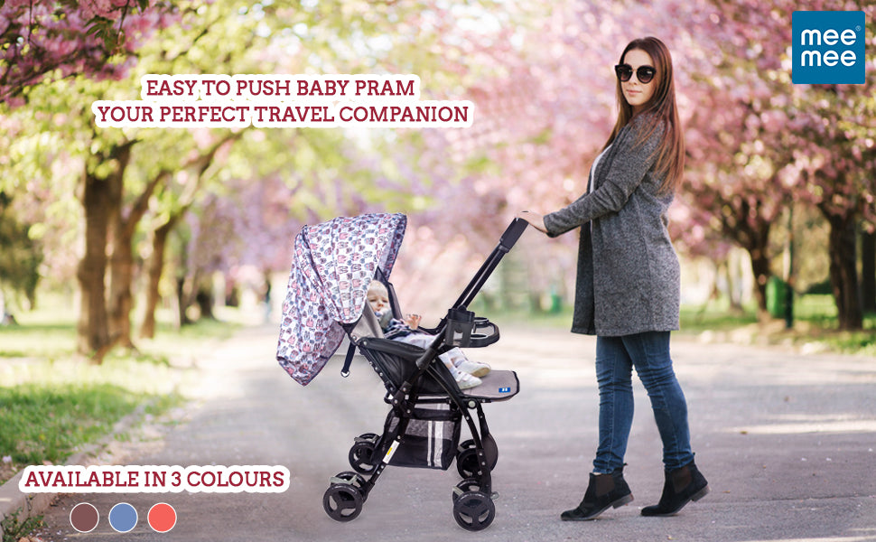 Mee Mee Baby Pram Stroller Easy to Push Quick One-Hand Folding,for 0-3 Years Baby/Kids3 Recline Position Stroller (Grey-Black)